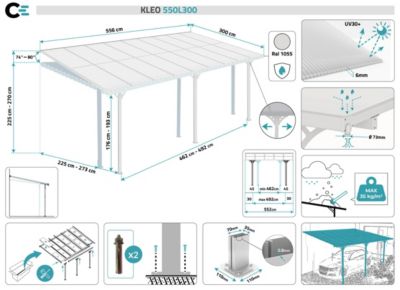 Pergola/ Carport adossé 16,5m² KLEO 5,5x3m aluminium blanc