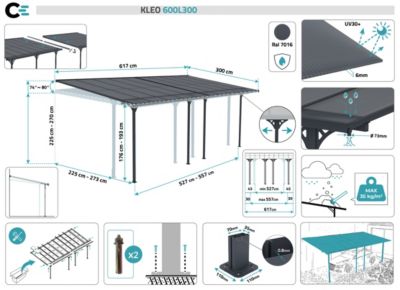 Pergola/Carport adossé 18m² KLEO 6x3m aluminium gris