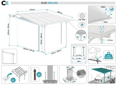 Pergola/Carport adossé 9m² KLEO 3x3m aluminium blanc