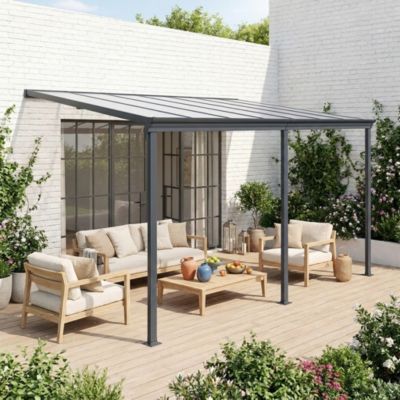 Pergola murale 3x4 m en aluminium et polycarbonate avec gouttière. pergola adossée. Avenio