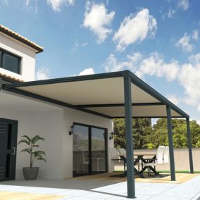 Pergola toile SUNLIGHT Gris anthracite - 6,00x3,50m (Motorisé à télécommande secours + Kit LED 1 coté - Ecru)