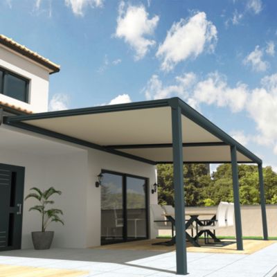 Pergola toile SUNLIGHT Gris anthracite - 8,00x4,00m (Motorisé à télécommande secours + Kit LED 1 coté - Ecru)