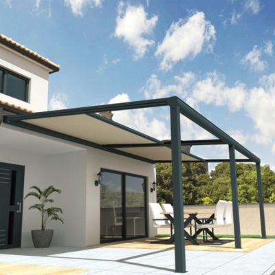 Pergola toile SUNLIGHT Gris anthracite - 8,00x4,00m (Motorisé à télécommande secours + Kit LED 1 coté - Ecru)
