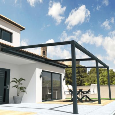 Pergola toile SUNLIGHT Gris anthracite - 8,00x4,00m (Motorisé à télécommande secours + Kit LED 1 coté - Ecru)