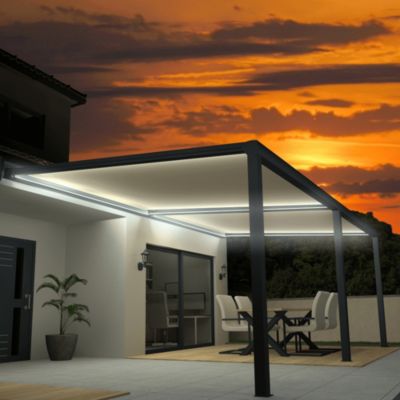 Pergola toile SUNLIGHT Gris anthracite - 8,00x4,00m (Motorisé à télécommande secours + Kit LED 1 coté - Ecru)