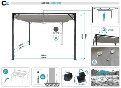 Pergola toit rétractable MARIA 3x3m Toile Gris clair