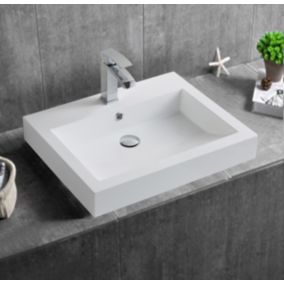 Petit Lavabo design mural 60x48x14cm, Vasque suspendue en marbre coulé avec bonde Pop-up - Blanc - BS6049