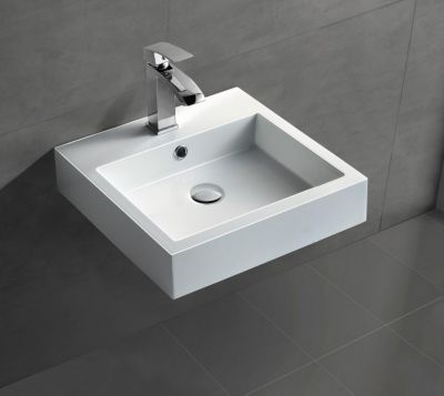 Petit Lavabo design mural Vasque suspendue en marbre coulé avec bonde Pop-up, Blanc, 45x45x12,5cm, BS6050