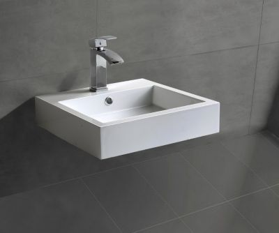 Petit Lavabo design mural Vasque suspendue en marbre coulé avec bonde Pop-up, Blanc, 45x45x12,5cm, BS6050