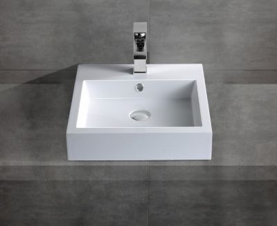 Petit Lavabo design mural Vasque suspendue en marbre coulé avec bonde Pop-up, Blanc, 45x45x12,5cm, BS6050