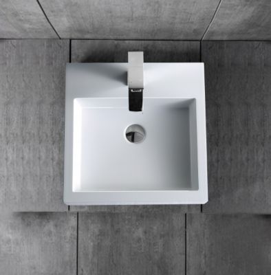 Petit Lavabo design mural Vasque suspendue en marbre coulé avec bonde Pop-up, Blanc, 45x45x12,5cm, BS6050