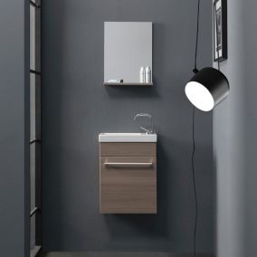 Petit meuble de salle de bains pour espaces réduits en chêne fumé avec miroir et lavabo - smart