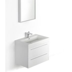 Petit meuble salle de bain design en bois avec 2 tiroirs et lavabo encastré et pop-up, 73x10x48cm, Blanc brillant, T730