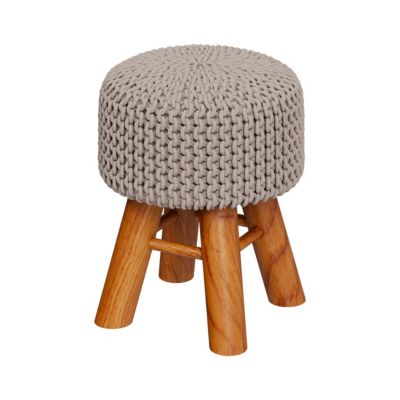 Petit tabouret rond en tricot coton gris clair et pieds en bois - Lisa