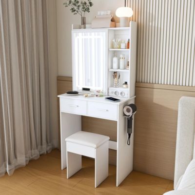 Petite coiffeuse avec miroir,60x136x36cm,blanche,éclairage LED réglable,prise de courant,tabouret rembourré