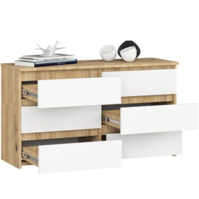 Petite Commode AKORD CL100 Chêne Artisan 100 cm 6 tiroirs façade Blanche 100x35x57 cm