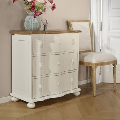 Petite commode arbalète LAUREN  Style shabby chic, plateau en chêne, 3 tiroirs