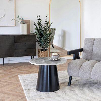 Petite table basse ronde décor marbre gris et métal noir TORANO