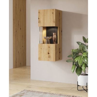 Petite vitrine suspendue 1 porte partiellement vitrée collection EVA. Couleur chene et noir.