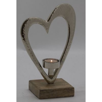Photophore coeur en aluminium et bois de manguier