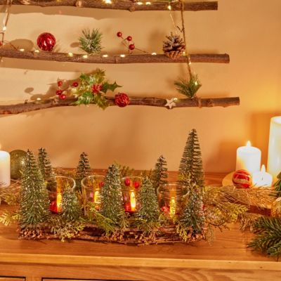 Photophore décor sapins avec 4 photophores verre transparent - feeric lights & christmas