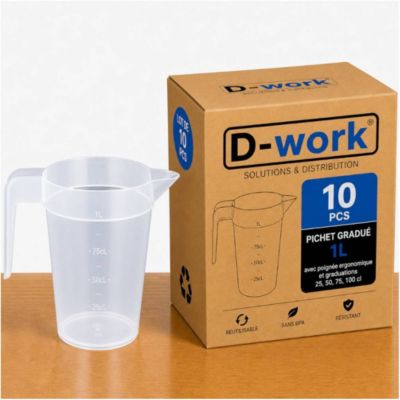 Pichet gradué 1 L avec poignée ergonomique et graduations 25, 50, 75, 100 cl - D-Work
