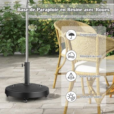 Pied de Parasol sur roulettes 23KG Support de Parasol Ronde en Résine avec Poignées Convient aux Poteaux de Parasol 38 48mm