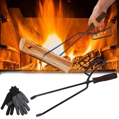 Pince à Bois de Chauffage Robuste 40cm avec Paire de Gants - Accessoire Cheminée Anti-brûlure pour Feux de Camp et Cheminées