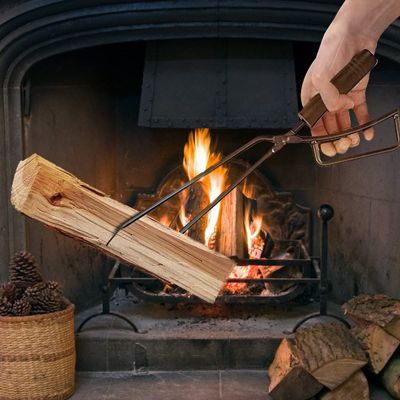 Pince à Bois de Chauffage Robuste 40cm avec Paire de Gants - Accessoire Cheminée Anti-brûlure pour Feux de Camp et Cheminées