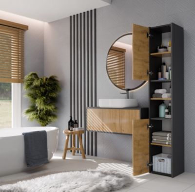 PISA - Armoire colonne de salle de bain - 170x30x30 cm - ANTHRACITE & CHÊNE
