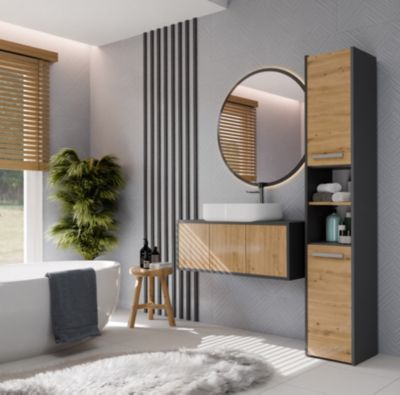 PISA - Armoire colonne de salle de bain - 170x30x30 cm - ANTHRACITE & CHÊNE
