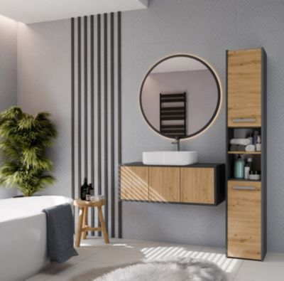 PISA - Armoire colonne de salle de bain - 170x30x30 cm - ANTHRACITE & CHÊNE
