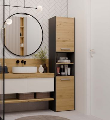 PISA - Armoire colonne de salle de bain style moderne - 170x40x30 cm - ANTHRACITE & CHÊNE