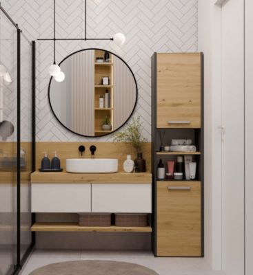 PISA - Armoire colonne de salle de bain style moderne - 170x40x30 cm - ANTHRACITE & CHÊNE