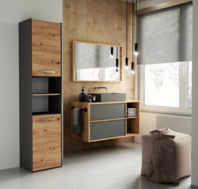 PISA - Armoire colonne de salle de bain style moderne - 170x40x30 cm - ANTHRACITE & CHÊNE