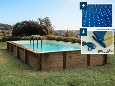 Piscine bois en kit rectangle " Tampa 145 "  7.20 x 4.20 x 1.44 m   Bâche à bulles  400 micron  Bâche hiver  280 gm²