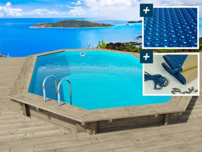 Piscine bois " Miami 130 "  4.86 x 3.36 x 1.30 m + Bâche à bulles 180 micron + Bâche hiver 280 grm²