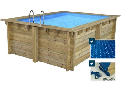 Piscine bois rectangle " Caimans  "  4.10 x 3.00 x 1.24  m + Bâche à bulles 180 micron  Bâche hiver 280 gm²