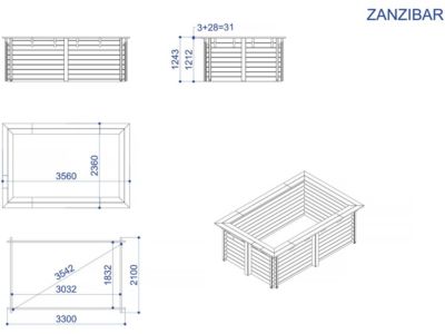 Piscine bois rectangle " Zanzibar " 3.50 x 2.30 x 1.24 m  Bâche à bulles  180 micron  Bâche hiver  280 gm²
