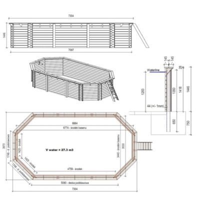 Piscine en bois Nemo 7.3x3.97 - H.1.45 m fixations à sceller - BAS7305OSPI+SZA