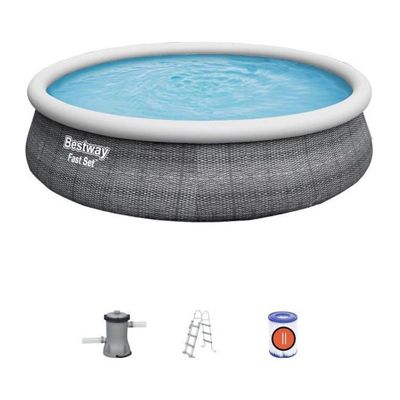 Piscine Gonflable - BESTWAY Fast Set - Ronde - 457 x 107 cm - Imitation Rotin - Epurateur a Cartouche de 2 006 L/H Echelle