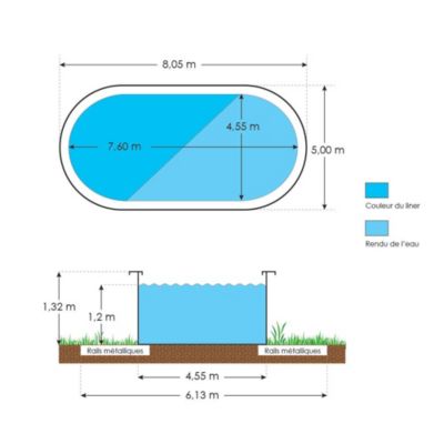 Piscine hors sol acier et résine ovale 7,60 x 4,55 x 1,32 m gris dégradé LIBERTY