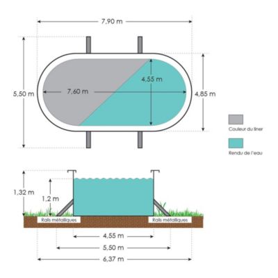 Piscine hors sol acier ovale 7,60 x 4,55 x 1,32 m anthracite VARUNA