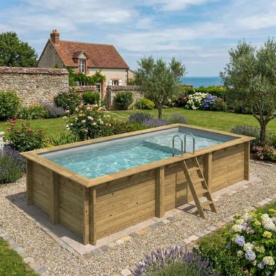 Piscine hors sol en bois AQUA 6.1 x 2.85 - H.1.31 m avec plage, gris clair, fixations à visser - BAS7307OSPL2+PLA307