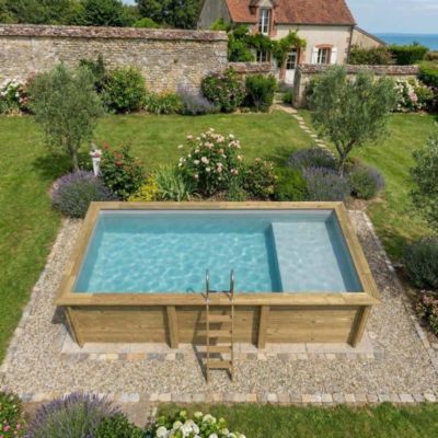 Piscine hors sol en bois AQUA 6.1 x 2.85 - H.1.31 m avec plage, gris clair, fixations à visser - BAS7307OSPL2+PLA307
