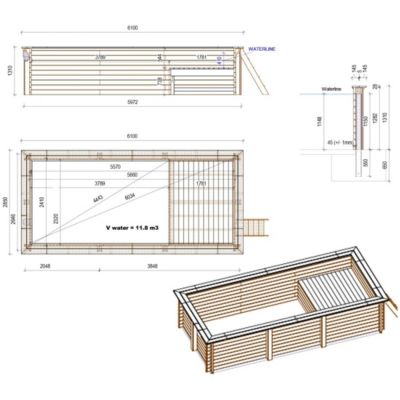 Piscine hors sol en bois AQUA 6.1 x 2.85 - H.1.31 m avec plage, gris clair, fixations à visser - BAS7307OSPL2+PLA307