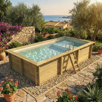 Piscine hors sol en bois AQUA 6.1 x 2.85 - H.1.31 m avec plage, sable, cadre en métal - sans dalle - BAS7307OSPU3+PLA307