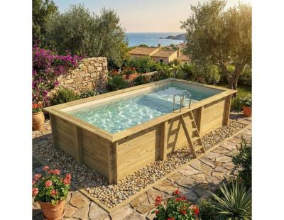Piscine hors sol en bois AQUA 6.1 x 2.85 - H.1.31 m avec plage, sable, fixations à visser - BAS7307OSPL3+PLA307