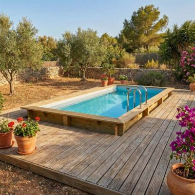 Piscine hors sol en bois AQUA 6.1 x 2.85 - H.1.31 m, gris clair, fixations à visser - BAS7307OSPL2