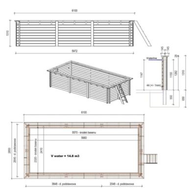 Piscine hors sol en bois AQUA 6.1 x 2.85 - H.1.31 m, gris clair, fixations à visser - BAS7307OSPL2